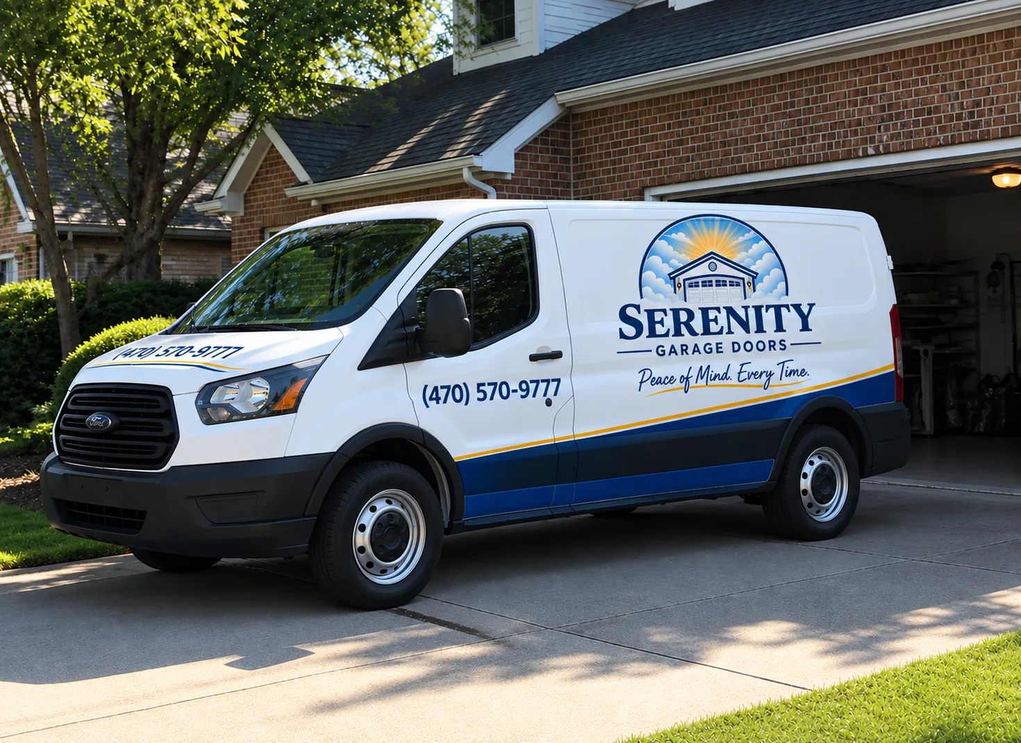 Service van parked in a North Atlanta driveway beside an open garage